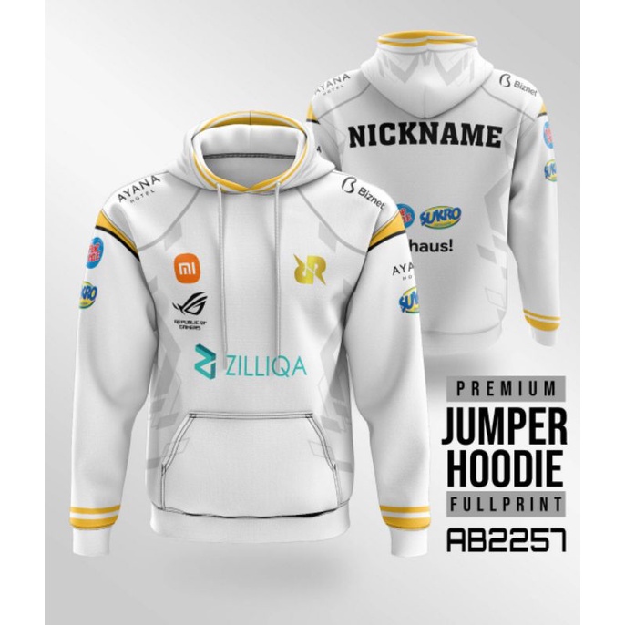 Jaket Hoodie Jumper game RRQ Meliora putih custom free nickname XS-XL
