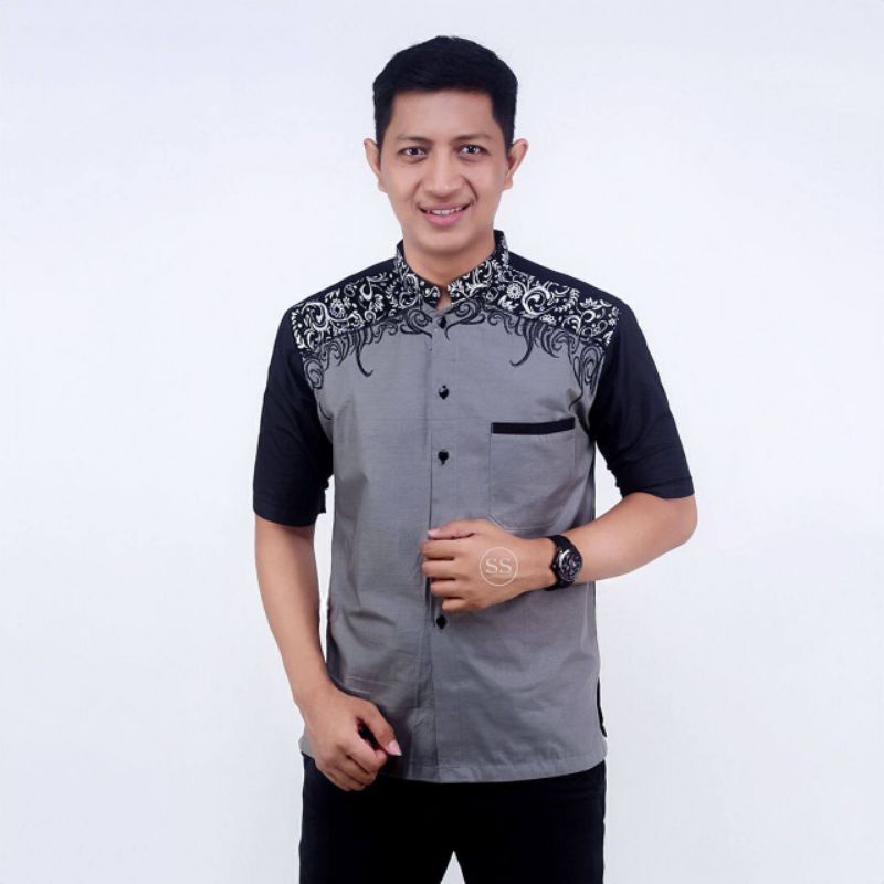 Baju Kemeja Batik Koko kombinasi bordil/Koko Lengan Pendek Dewasa Terbaru