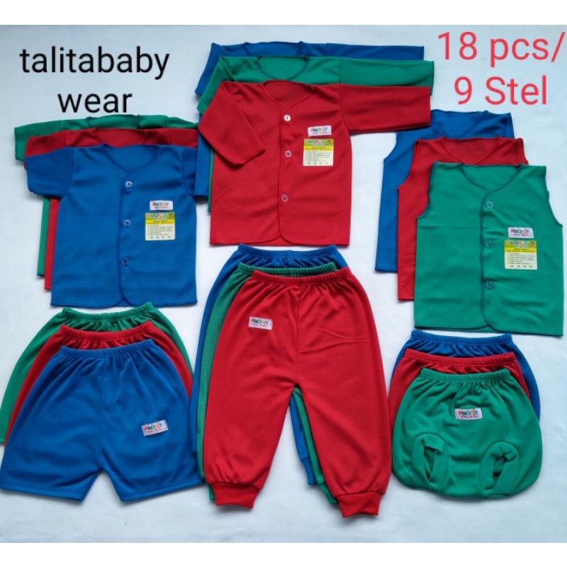 Paket Baju Celana Bayi Baru Lahir(18 pcs/9 Stel)Paket Newborn Polos Warna Rainbow Hijau Merah Biru