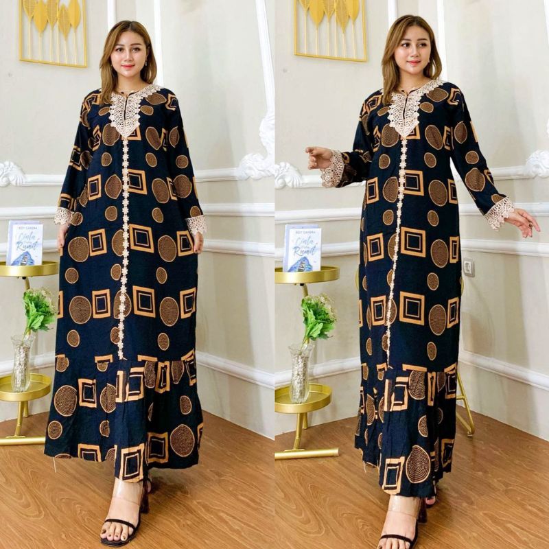 Gamis Terbaru Renda Wandha Hamidah Rayon Premium Dress Wanita Lengan Panjang Longdress Full Kancing LD 110  cm