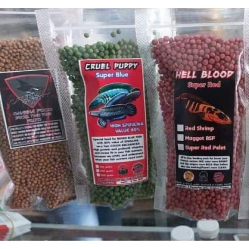 Cruel Puppy Repack Pelet Jahat Two tone / Super Blue / Hell Blood Super Red untuk ikan Channa asiati