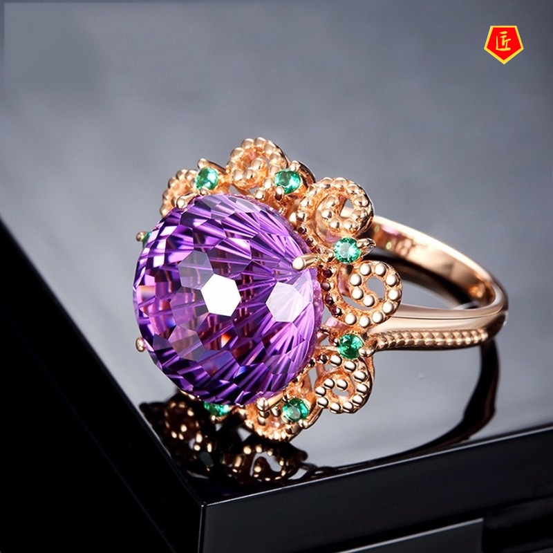 [Ready Stock]Amethyst Colored Gemstone Ring 14K Rose Gold Refined Personalized