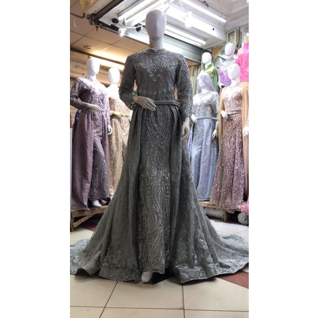 Gaun Pengantin Slim Ekor Hijau Sage