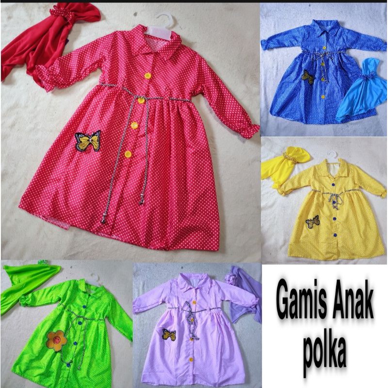 Gamis Anak 1 2 tahun polka polkadot anak kerah bonus jilbab polka KR