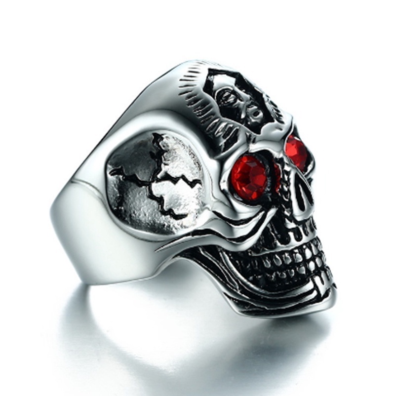 Cincin Desain Tengkorak Bunga Bahan Stainless Steel Gaya Gothic Rock Punk Antik Untuk Pria