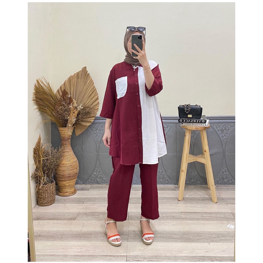 Milly one set jumbo setelan tunik crincle crinkle airflow baju atasan wanita pocket busui kombinasi 