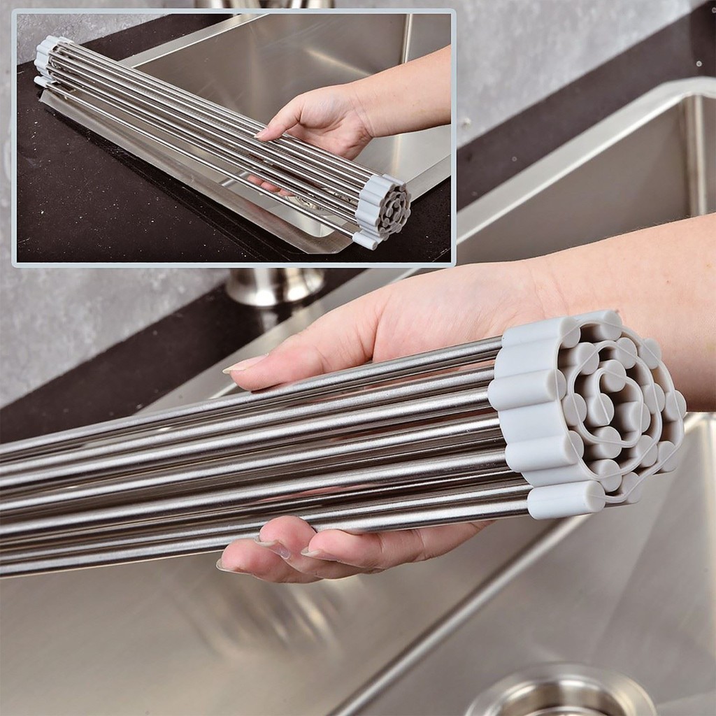 OVER THE SINK KITCHEN DISH DRAINER DRYING RACK ROLL-UP FOLDINNG STAINLESS STEEL