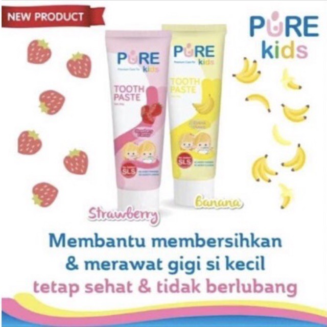 Pure Kids Tooth Paste 50gr - Pasta Gigi Anak Rasa Pisang dan Strawberry Orange // Odol Anak Aman Tertelan 6M+