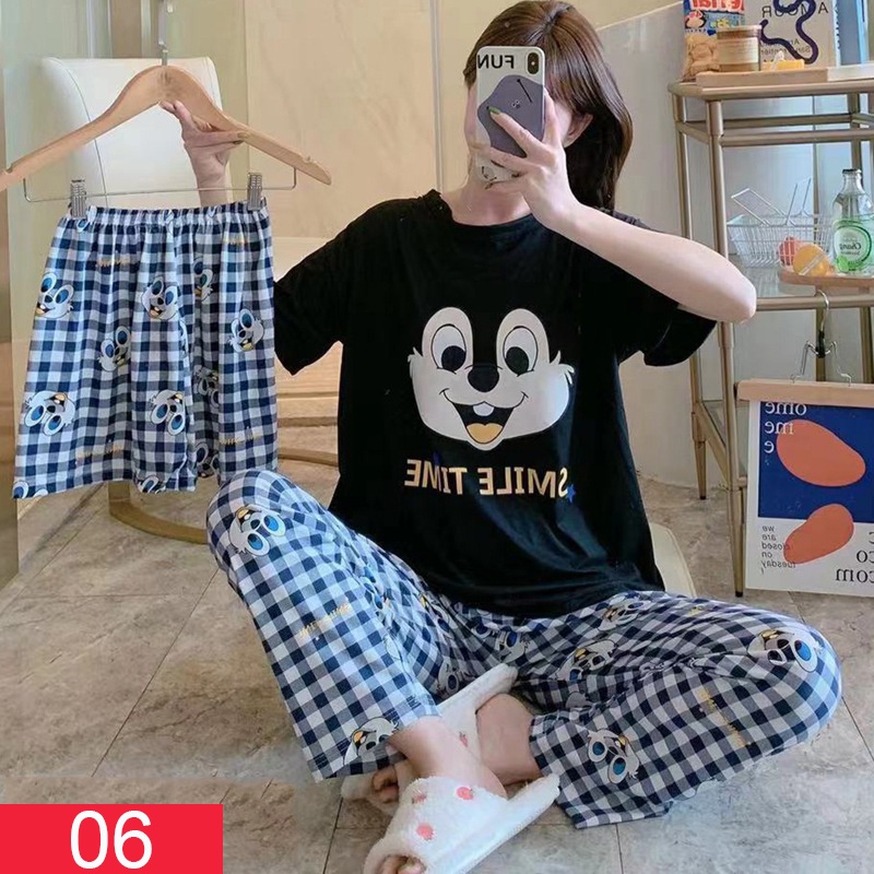 Setelan 3 Potong Baju Tidur Wanita All Size Piyama Perempuan Lengan Pendek Tiga pcs Potong Motif Karakter Mickey Mouse Doraemon