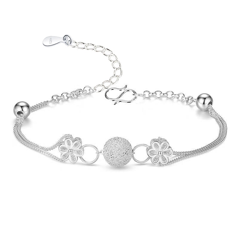 Gelang asli perak 925 untuk wanita Desain bunga, manik-manik bulat kecil buram Perhiasan fashion