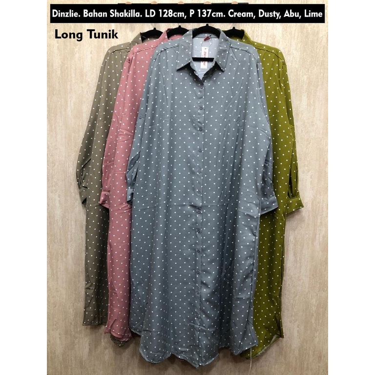 DINZLIESHOP LONGDRESS LONG DRESS GAMIS KEMEJA PANJANG LONG TUNIK TUNIC BAHAN SHAKILLA MOTIF POLKADOT
