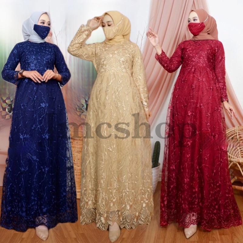 G004 - GAMIS PESTA BUSUI FRIENDLY TULLE BROKAT MUTIARA STANDARD DAN JUMBO / MAXI DRESS KONDANGAN TILE BRUKAT NAVY MAROON CREAM ABU MUSTARD LILAC