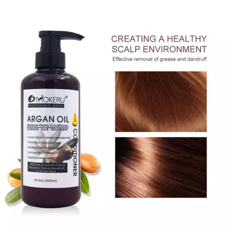 MOKERU (1SET) Pewarna Rambut Herbal | Argan Oil Dye hair shampoo 500ml Dan Conditioner 500ml+Vitamin rambut 1Blister.