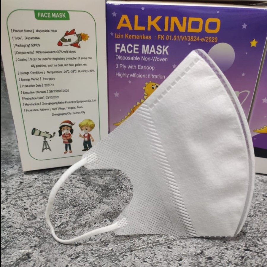 PER 1 BOX 50 PC - MASKER DUCKBILL ALKINDO ANAK KIDS PUTIH POLOS - WHITE FACE MASK 3PLY