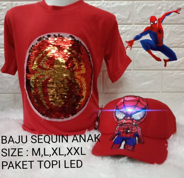 Kaos led motif superhero free topi led bisa menyala