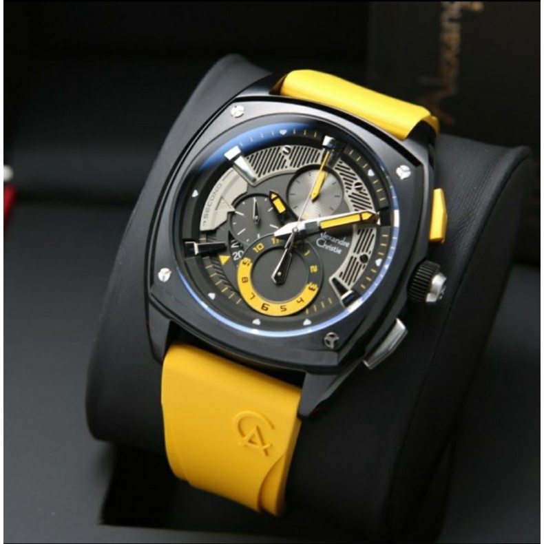 ORIGINAL GARANSI RESMI JAM TANGAN PRIA ALEXANDRE CHRISTIE BLACK YELLOW RUBBER STRAP ARLOJI WATCH ALE