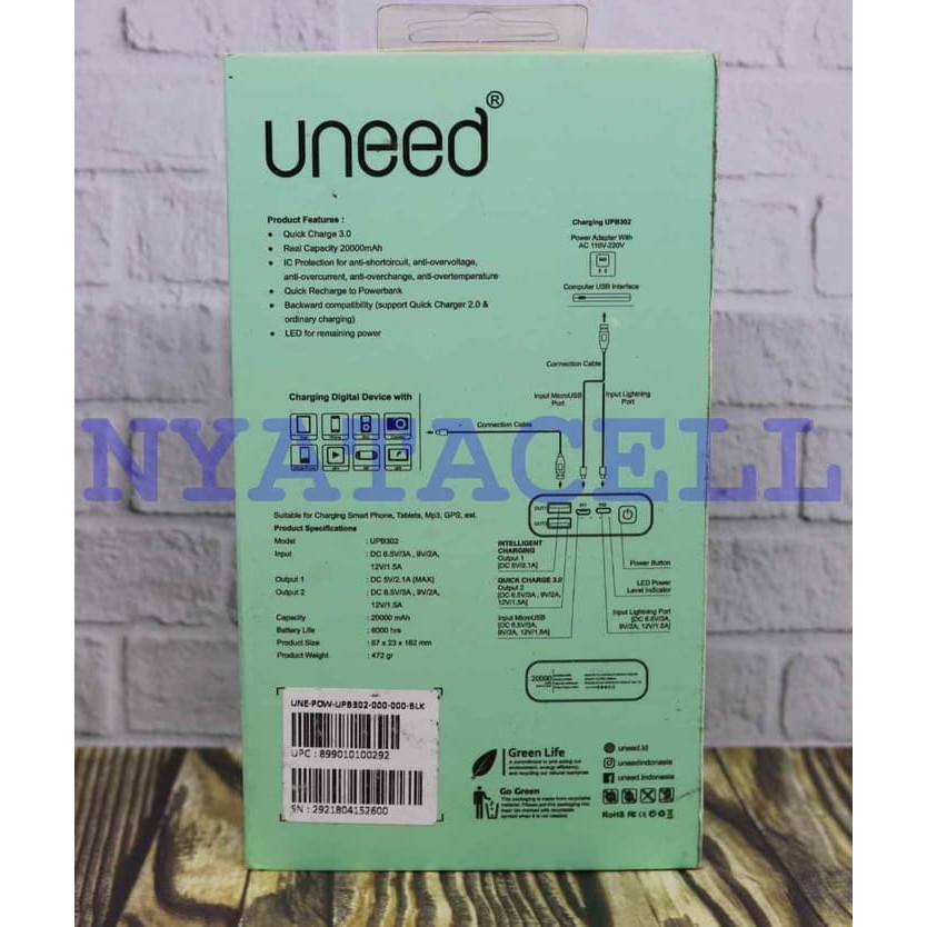 Powerbank Uneed Quickbox M20 20000mAh Power Bank UPB302 20000 mAh   termurah