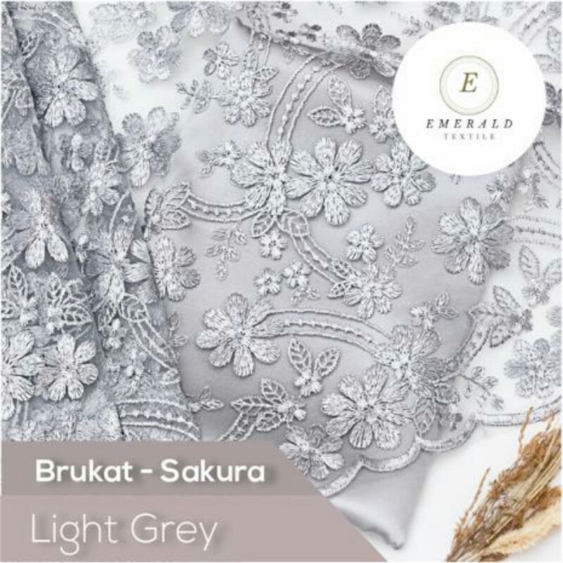 SETENGAH METER Kain Brokat Tile Prancis Bahan Kebaya Motif Sakura - Light Grey/Deep Silver ( HARGA PER 50cm KAIN )