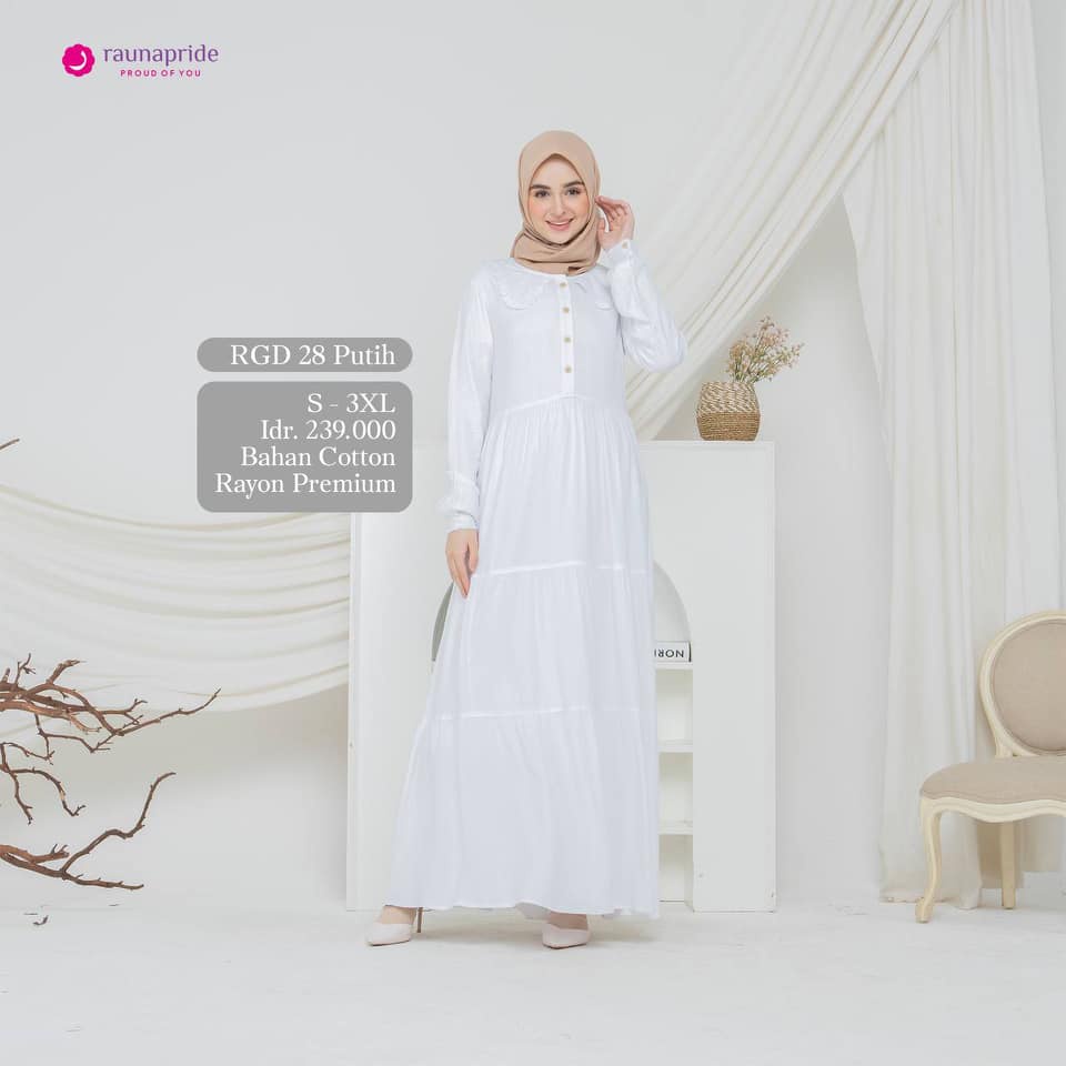 GAMIS RAUNA RGD 28 PUTIH / GAMIS DEWASA PUTIH POLOS / GAMIS DEWASA KEKINIAN BY RAUNA 100% ORIGINAL