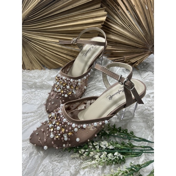 sepatu wanita wedding moccca diamont tali 7cm kaca