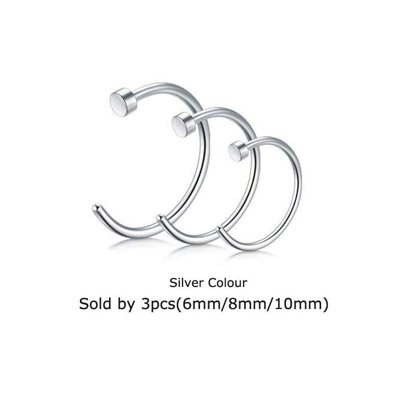 3Pcs Anting Tindik Hidung / Bibir / Telinga Bahan Stainless Steel Ukuran 6mm / 8mm / 10mm