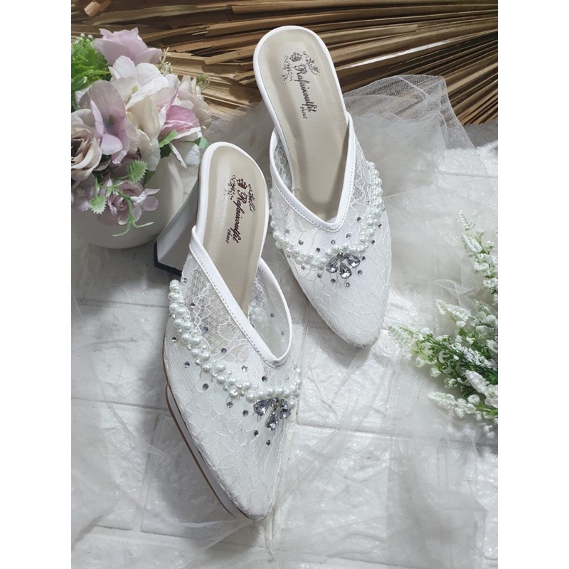 sepatu wedding v mozza putih lace brukat tinggi 9cm hak tahu