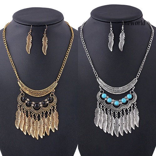 OW@ Women Vintage Leaves Tassels Pendant Choker Necklace Hook Earrings Jewelry Set