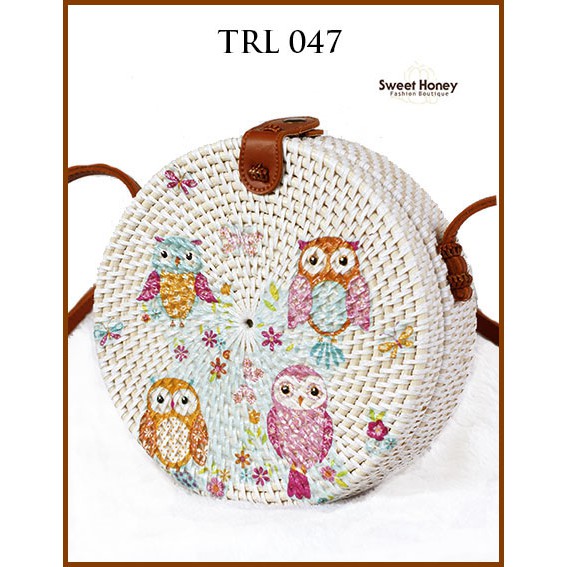 Sweet Honey ~ Grosir Tas Rotan Bulat Murah 20cm Lukis Decoupage Motif Owl TRL047 [Bisa COD Bayar di tempat]