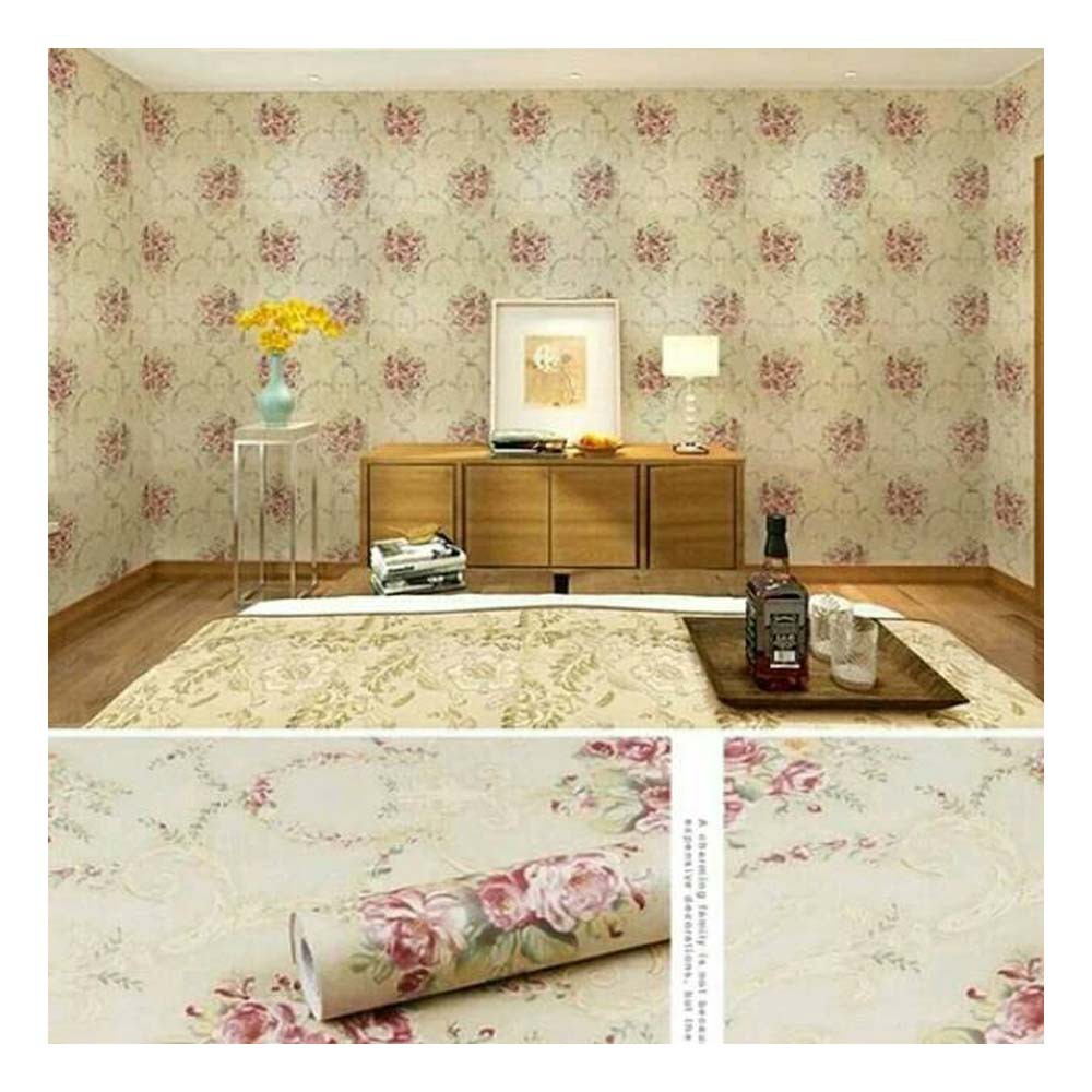 (COD) Gudang Wallpaper Sticker Dinding kamar anti air Murah Dan Terbaik Motif Kembang Cream Bahan PVC Premium (SUDAH ADA LEM)