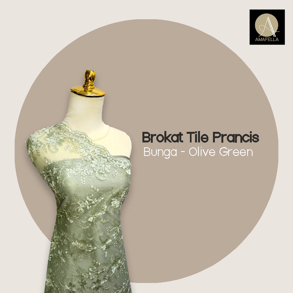 1/2 meter Kain Brokat Tile Prancis Bahan Kebaya Motif Bunga Olive Green