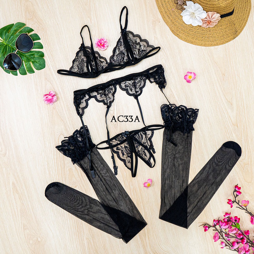 [PRIVASI AMAN] BRA SET BH CD SEKSI + SABUK PAHA + STOCKING SEXY LACE HITAM AC33A