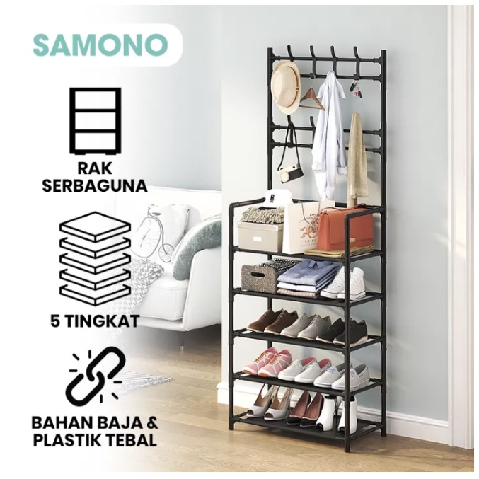 SAMONO SSR-004 Multifunction 3 in 1 Versatile Stainless Steel 5 Stacking Sandal Shoe Rack Coat Jacke