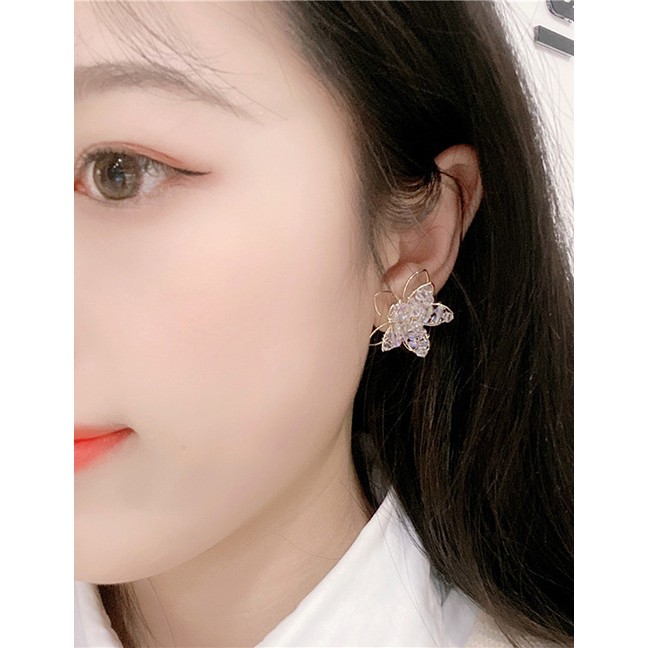 LRC Anting tusuk Fashion White Crystal Flower Pierced Earrings D80607