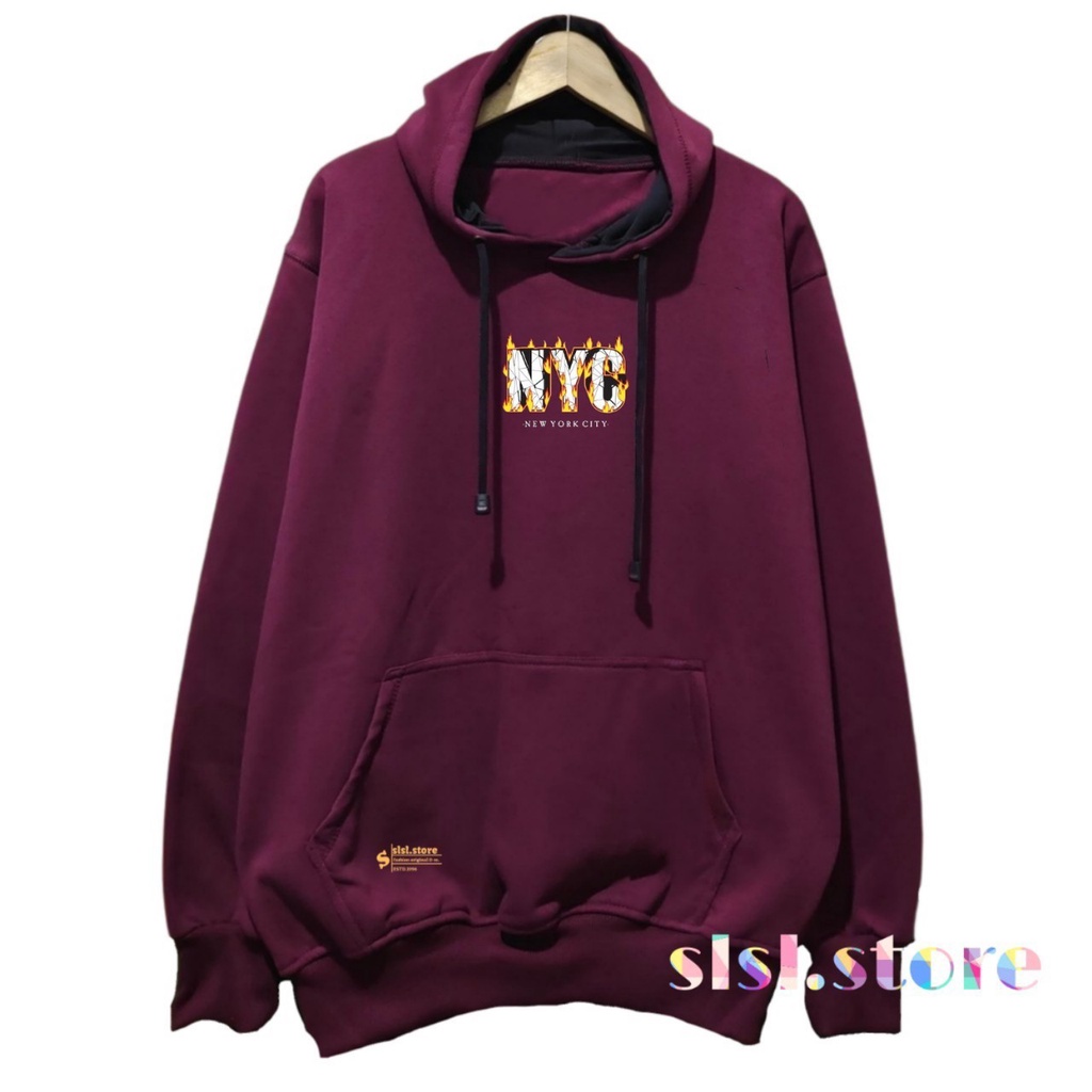 Sweater Hoodie Pria Dan Wanita Clothing Bandung Distro Original Hand Made List Sablon (NYS) NEWYORK CITY Warna Maroon Burgundy