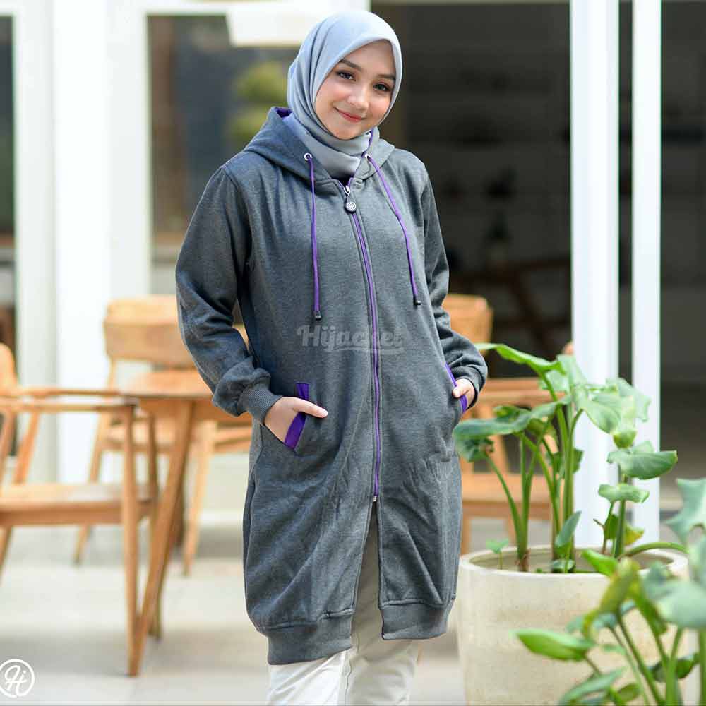 Jaket Jacket Polos Panjang Wanita Cewek Muslimah Hijabers Hoodie Kekinian Abu Tua Hijacket BC Misty-Abu Tua + Ungu