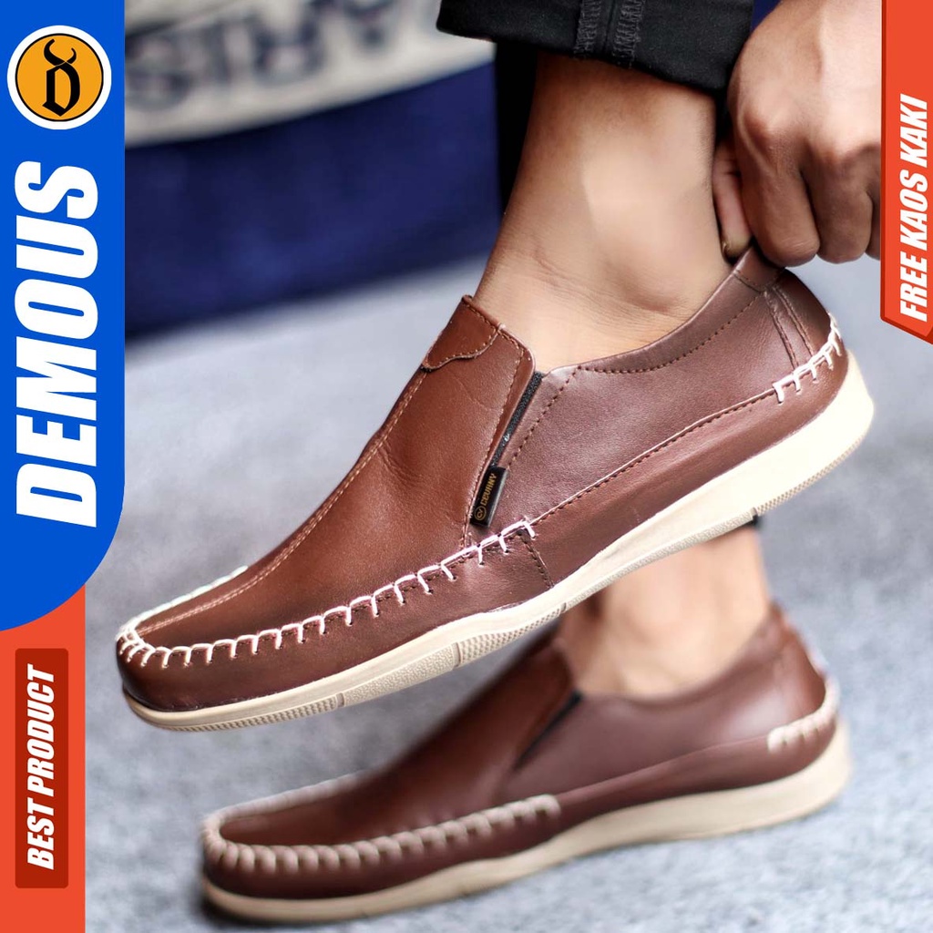 DEMOUS DIVOC Sepatu Casual Slip On Pria Kulit Asli Sepatu Kerja Santai Hitam Slop Murah Kekinian