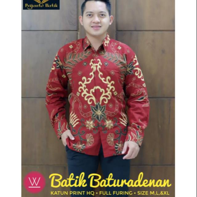 Kemeja Batik Warna Merah Lengan Panjang BATARA MERAH Bahan Batik Baturaden Lapis Furing