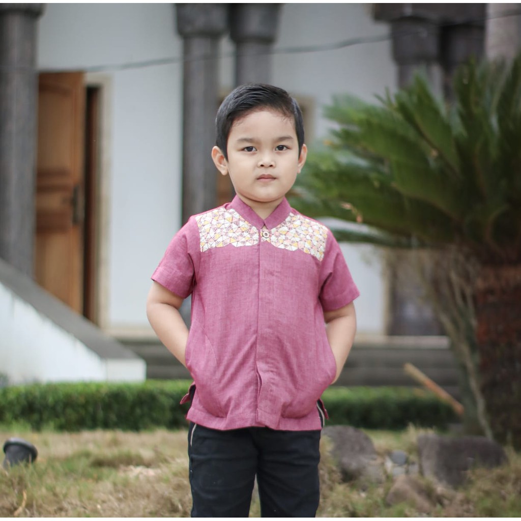 Baju Koko Muslim Bordir Alharamain Anak Terbaru Type B07 Warna Maroon Best Seller