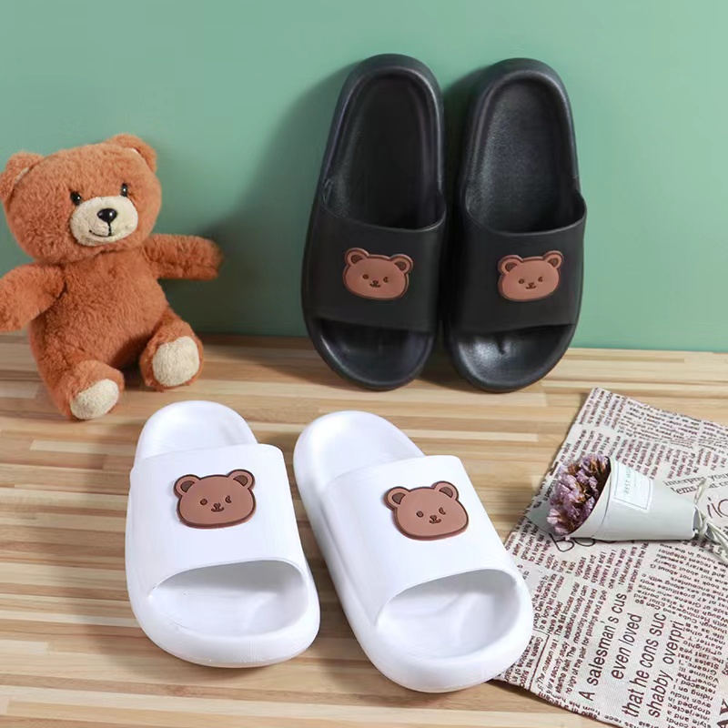 LUCKYMALL SANDAL WANITA PRIA RUBBER KARET RUMAHAN OUTDOOR JALAN BERUANG BEAR EMPUK TINGGI ANTI LICIN TEBAL SLIP ON LUCU BROWN SLOP