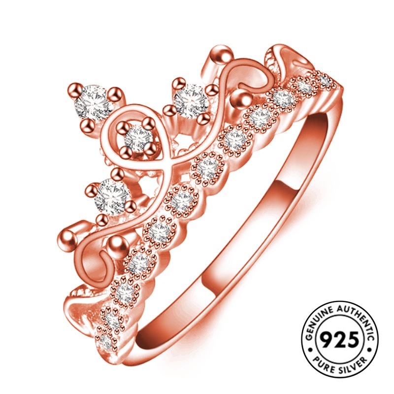 Cincin S925 Silver Rose Gold Bentuk Mahkota Aksen Berlian