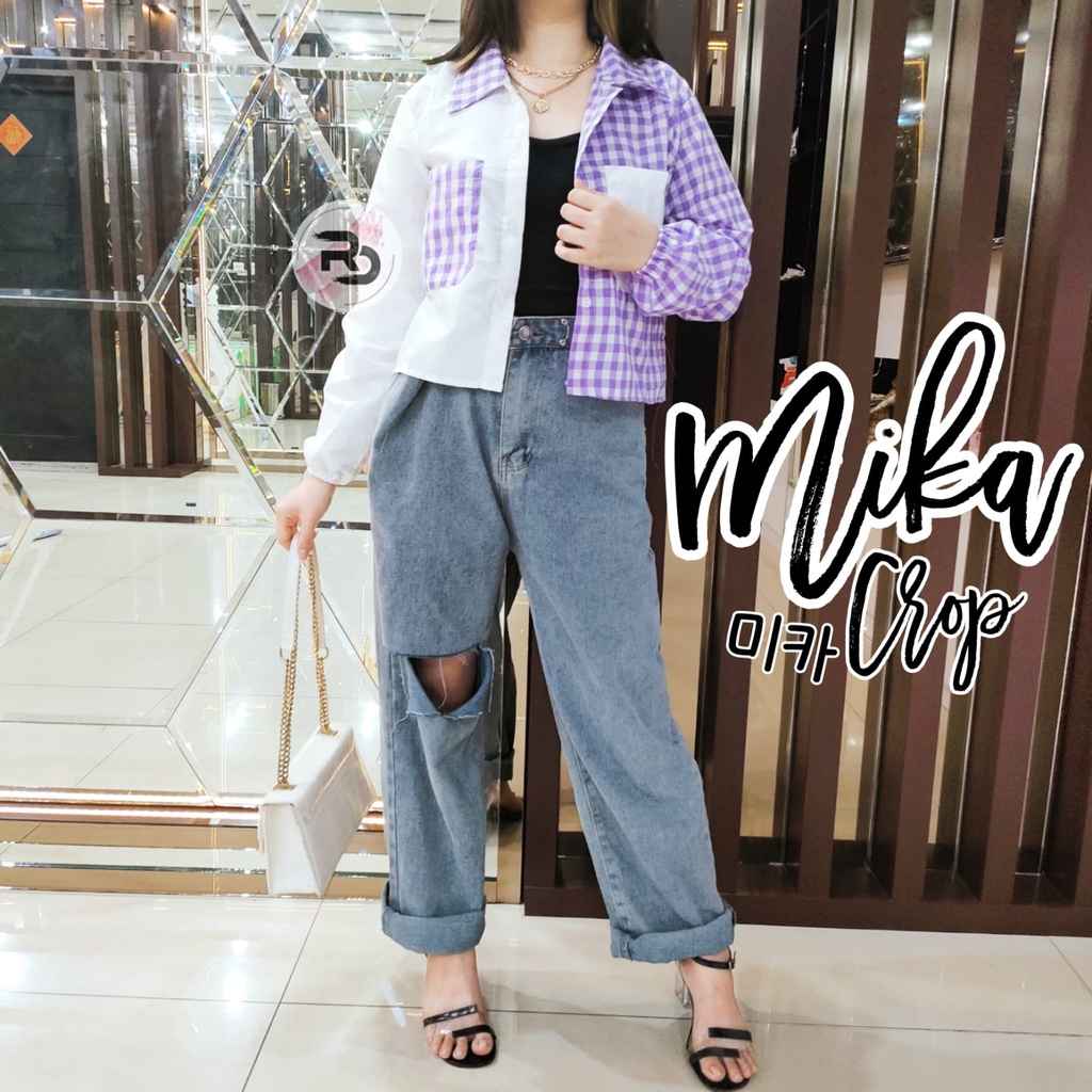 RD FASHION Mika Crop Top / KEMEJA CROP / kemeja TWO TONE / TARTAN KEMEJA CROP / TARTAN CROP-1CM UNGU