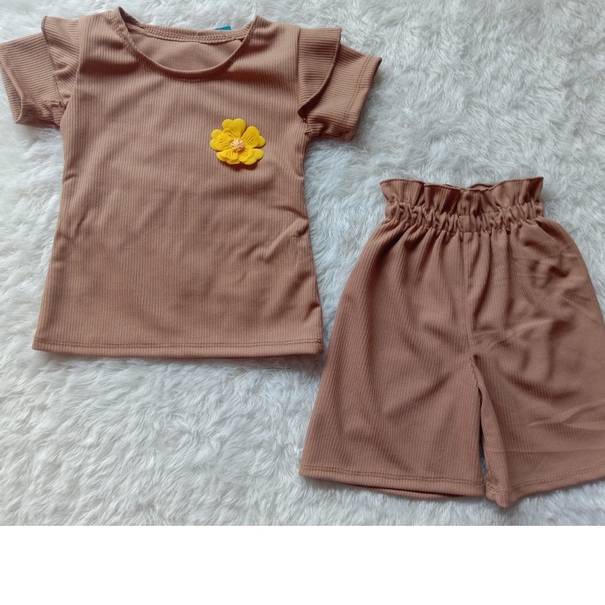 Setelan Anak Perempuan Knit Mango Waffle Ruffle Lengan pendek Setelan Kulot anak cewek knit 1-5 th babyrib-COKSU