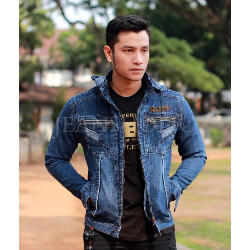 TBJ04 DARK BLUE - TOURING JAKET JEANS HOODIE THE BERY REGULER SPRAY, JEANS PRIA ORIGINAL, JAKET DENI