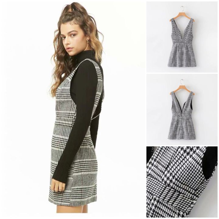 A501941 BAJU LUARAN FASHION WANITA PINAFORE FLARE DRESS KOTAK GRID PREMIUM BUTIK IMPORT CHINA KEREN