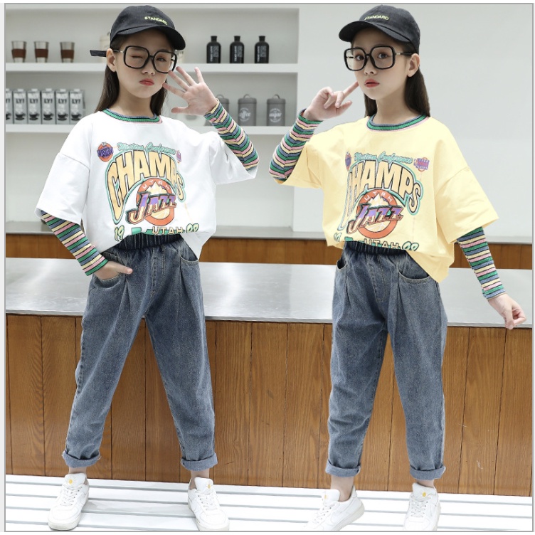 babyfit CHAMPIONEESE 4-10thn baju setelan sweater double sleeve anak perempuan set celana jeans