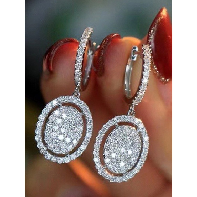 Anting Juntai Bentuk Oval Cubic Zirconia Kristal Bling Untuk Wanita