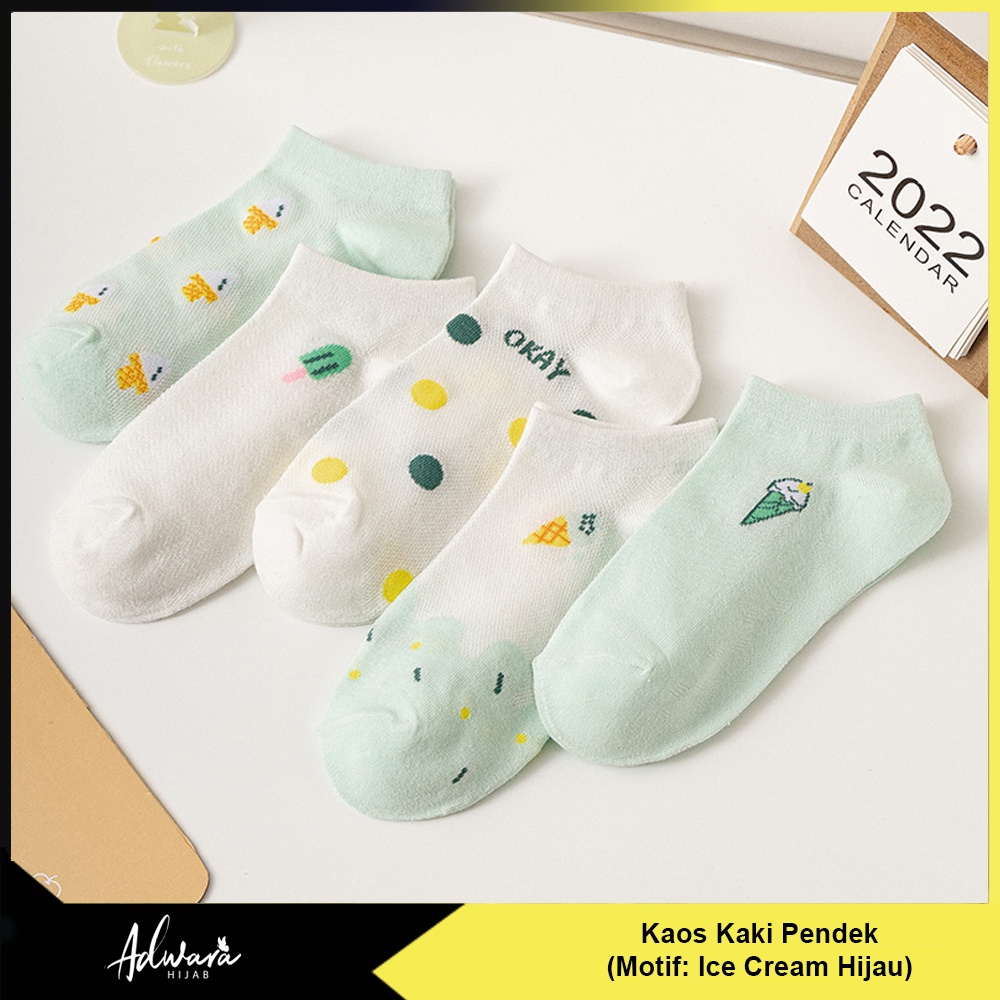 Kaos Kaki Pendek Wanita Motif Ice Cream Hijau Panjang Semata Kaki / Ankle Sock Import Fashion Style Korean KK-060