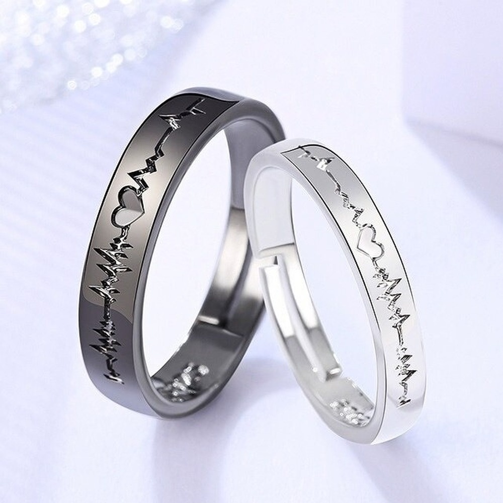 2pcs Cincin Model Terbuka Desain Electrocardiogram Hati Warna Hitam Silver Untuk Pria Dan Wanita