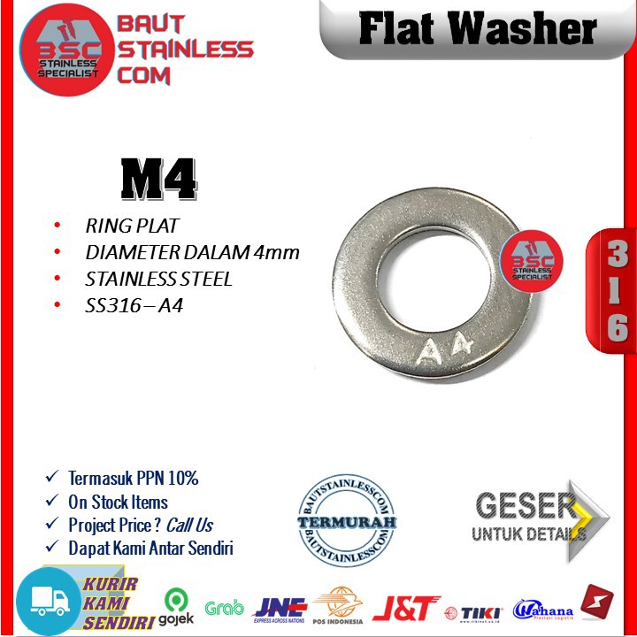 WASHER RINGPLAT M4 - FLAT WASHER STAINLESS SS316 A4 ISI 10 PCS