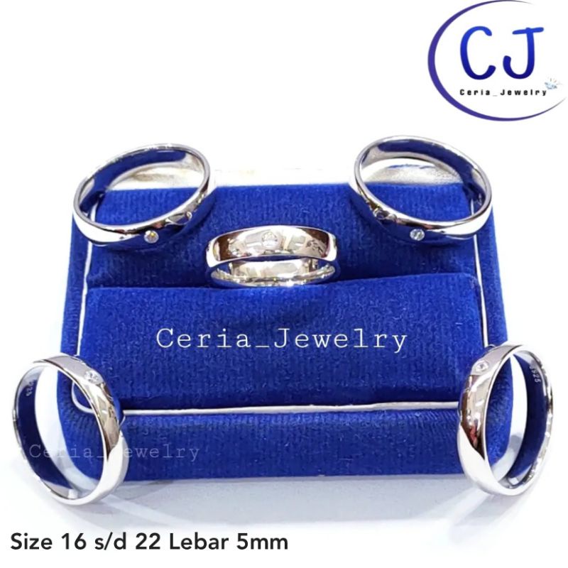 Cincin Perak Asli Pria Wanita Silver 925 Lapis Emas Putih Model Cincin Polos 1 permata, Cincin Pasangan, Cincin Tunangan, Cincin Couple - Perhiasan Perak Asli